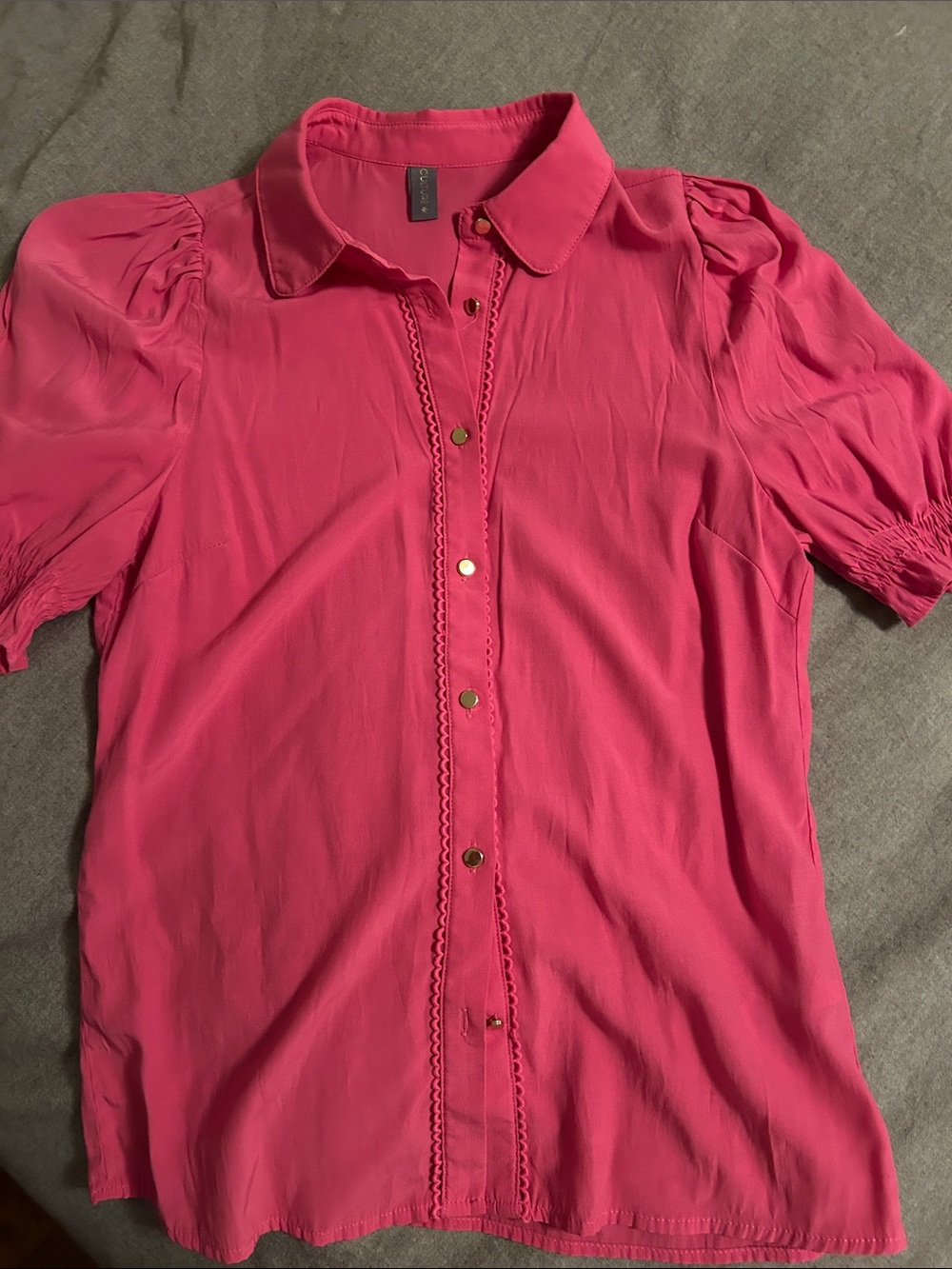 Womens Pink Puff-Sleeve Button-Up Top